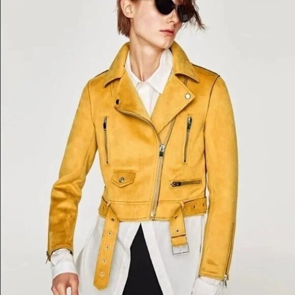 Zara Mustard Yellow Vegan Leather Moto Biker Jacket S - Picture 1 of 13